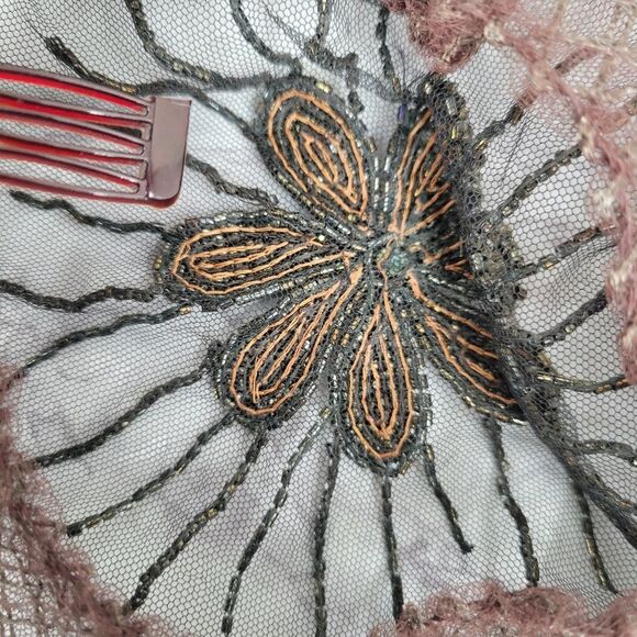 50s Tambour Embroidery Beaded Women's Hat Facinator Pillbox Mesh - Picture 14 of 16